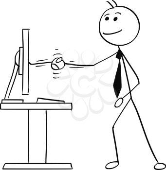 Cartoon vector stick man stickman drawing of business man shaking his hand with computer display screen as concept of making a deal contract agreement treaty remotely over Internet.