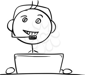 Cartoon vector stick man stickman drawing of male call center customer support service representative 