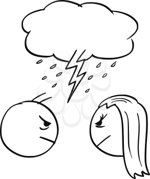 Cartoon vector of man and woman in quarrel fight with cloud and lightning bold above their heads