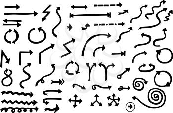 Set or collection of vector cartoon doodle hand drawn arrow symbols in black and white color