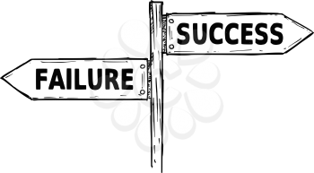Vector cartoon doodle hand drawn crossroad wooden direction sign with two arrows pointing  left and right as success or failure decision guide