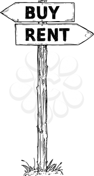 Vector cartoon doodle hand drawn crossroad wooden direction sign with two arrows pointing  left and right as rent or buy decision guide