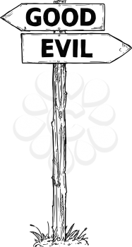 Vector cartoon doodle hand drawn crossroad wooden direction sign with two arrows pointing  left and right as good or evil decision guide