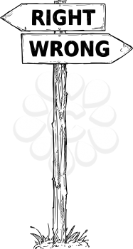 Vector cartoon doodle hand drawn crossroad wooden direction sign with two arrows pointing  left and right as right or wrong decision guide