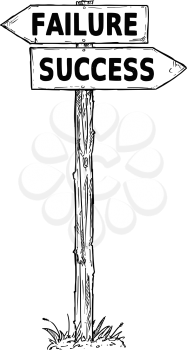 Vector cartoon doodle hand drawn crossroad wooden direction sign with two arrows pointing  left and right as success or failure decision guide