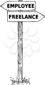 Vector cartoon doodle hand drawn crossroad wooden direction sign with two arrows pointing  left and right as employee or freelance decision guide