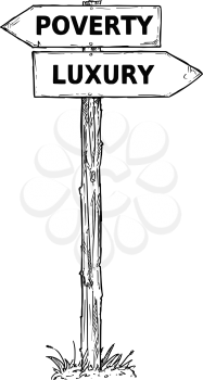 Vector cartoon doodle hand drawn crossroad wooden direction sign with two arrows pointing  left and right as poverty or luxury decision guide