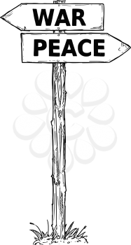 Vector cartoon doodle hand drawn crossroad wooden direction sign with two arrows pointing  left and right as war or peace decision guide