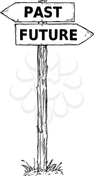 Vector cartoon doodle hand drawn crossroad wooden direction sign with two arrows pointing  left and right as past or future decision guide