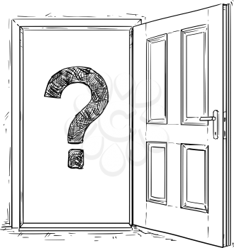 Vector cartoon of open elegant wooden door with question mark inside.