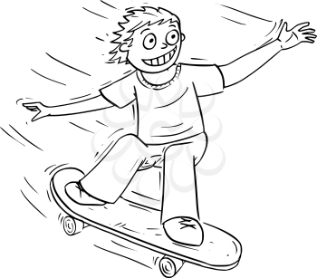 Hand drawing cartoon vector illustration of a boy riding a skateboard.