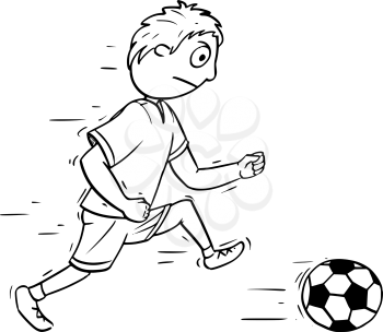 Hand drawing cartoon vector illustration of a boy playing Football Soccer with a ball.