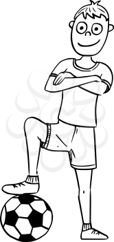 Hand drawing cartoon vector illustration of football soccer player posing with a ball.