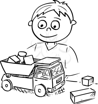 Hand drawing vector cartoon of a boy playing with toy truck car and wooden toy building blocks.