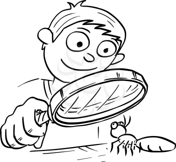 Cartoon hand drawing vector illustration of boy holding hand magnifying glass and looking at ant insect.