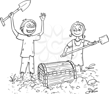 Hand drawing illustration of happy boy and girl who found pirate treasure chest.