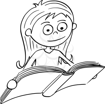 Hand drawing cartoon vector illustration of girl reading a book.