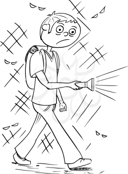 Hand drawing cartoon vector illustration of scary boy or young man holding flashlight torch walking through dark night.