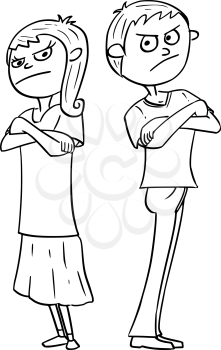 Hand drawing cartoon vector illustration of angry annoyed boy and girl or young man and woman.