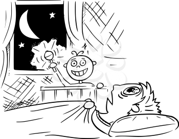 Hand drawing cartoon vector illustration of baby not sleeping and doing noise at night, and mother or father lying deadly tired in bed and not able to sleep.