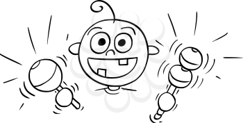 Hand drawing cartoon vector illustration of happy smiling baby making noise with two rattles.