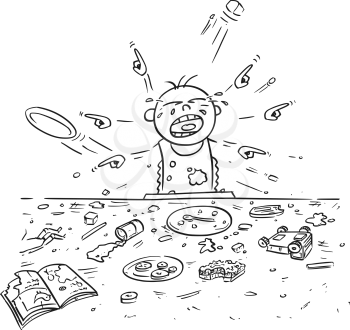 Hand drawing cartoon vector illustration of spoiled spoilt crying baby doing mess around during eating, pointing and demanding things all around.