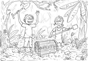 Hand drawing coloring book with happy boy and girl who found pirate treasure chest in tropical island forest.