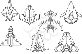 Set of hand drawn spacecraft spaceship designs, concept art in black and white 