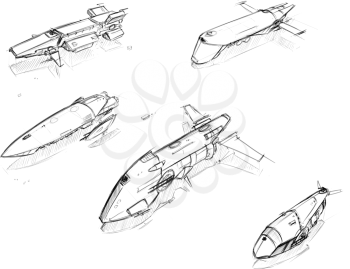 Set of five hand drawn pencil concept art sketches of scifi sci-fi space ship designs
