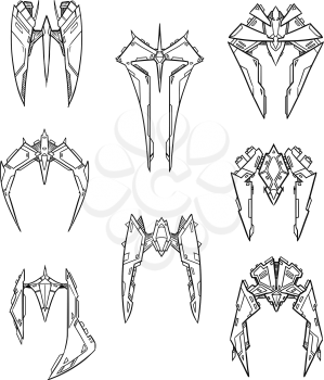 Set of eight hand drawn cartoon vector alien space ship shuttle designs with sharp robotic look