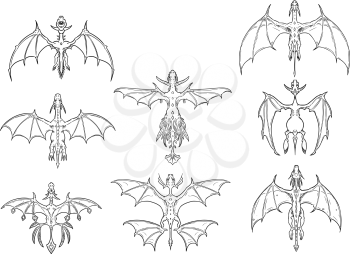 Set of eight cartoon vector stylized dragons in top down view