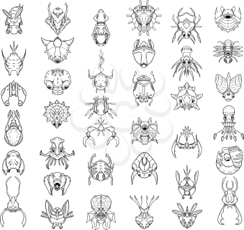 Large Set of 37 hand drawn cartoon monsters and creatures in top down view