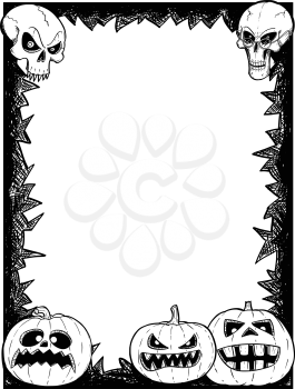 Hand drawing cartoon Halloween frame with skull and pumpkin illustrations.