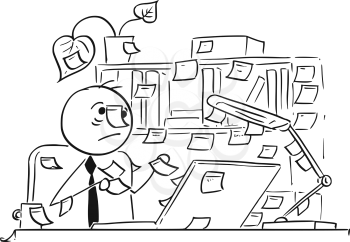 Cartoon vector illustration of forgetful stick man office worker,clerk businessman with paper stick notes everywhere around his office, table and computer, also on his head.