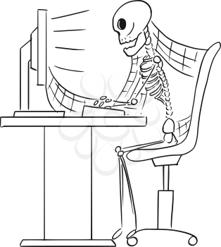 Cartoon vector illustration of forgotten human skeleton of dead businessman or clerk sitting in front of computer in office with spider webs all around.