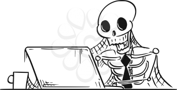 Cartoon vector illustration of forgotten human skeleton of dead businessman or clerk sitting in front of computer with spider webs all around.