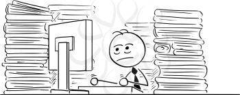 Cartoon illustration of unhappy tired stick man businessman, manager,clerk working on computer in office with files all around.