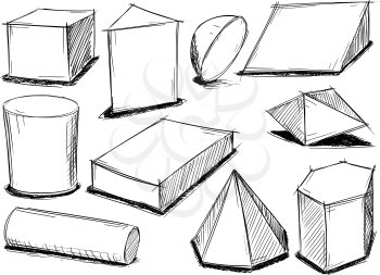 Set of various sketchy 3d geometrical shape doodles.