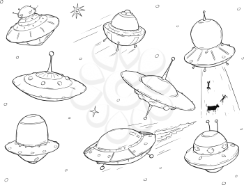 Set of cartoon vector doodle drawing of ufo alien space ships.