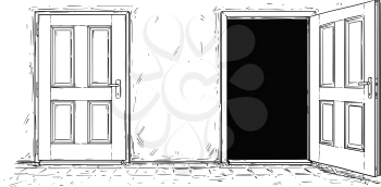 Cartoon vector doodle drawing of two open and close wooden decision door. Two choices or ways.