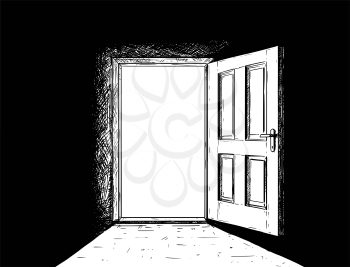 Cartoon vector doodle drawing illustration of open wooden decision door.