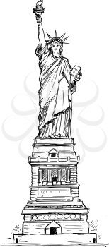 Cartoon vector architectural drawing sketch illustration of United States New York Statue of Liberty.