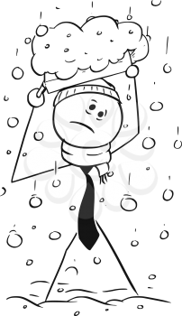 Cartoon stick man drawing illustration of businessman during heavy winter snowfall snowing, protecting yourself by briefcase.