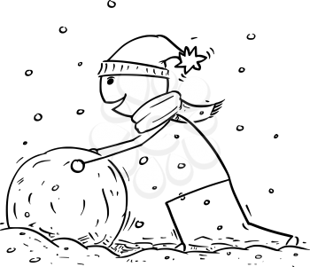 Cartoon stick man drawing illustration of man making large snowball for snowman during winter snowfall.