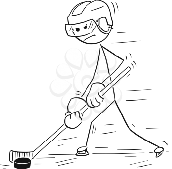 Cartoon stick man drawing illustration of Ice Hockey Player Handling Puck and Skating Forward.