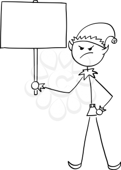Cartoon drawing illustration of angry Christmas Santa Claus Elf holding empty blank sign.