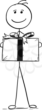 Cartoon stick man drawing illustration of smiling man holding large paper box gift present with ribbon.