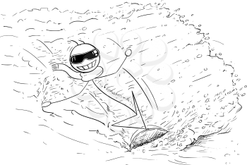 Cartoon stick man drawing illustration of man snowboarding on snowboard.
