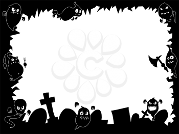 Hand drawing cartoon Halloween frame with cute ghost silhouettes and graveyard.
