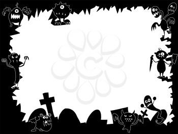 Hand drawing cartoon Halloween frame with cute monster silhouettes.
